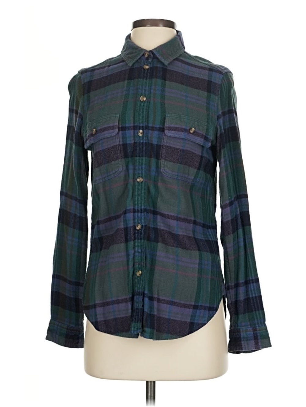 American Eagle Soft Green & Blue Plaid Button-Up Shirt